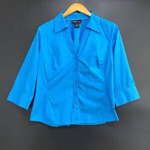 Style & Co Top Women's Size 14 Blue 3/4 Sleeve V-Neck Botton Up Collar Casual
